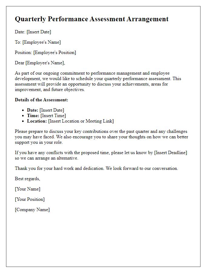 Letter template of quarterly performance assessment arrangement