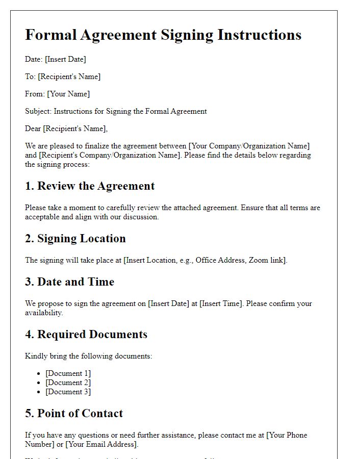 Letter template of Formal Agreement Signing Instructions