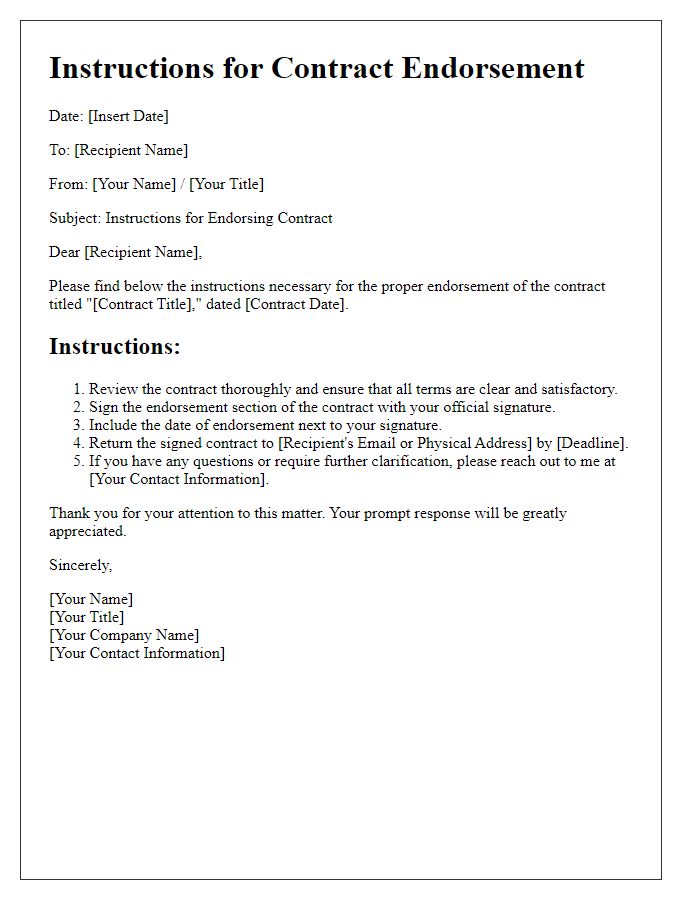 Letter template of Instructions for Contract Endorsement