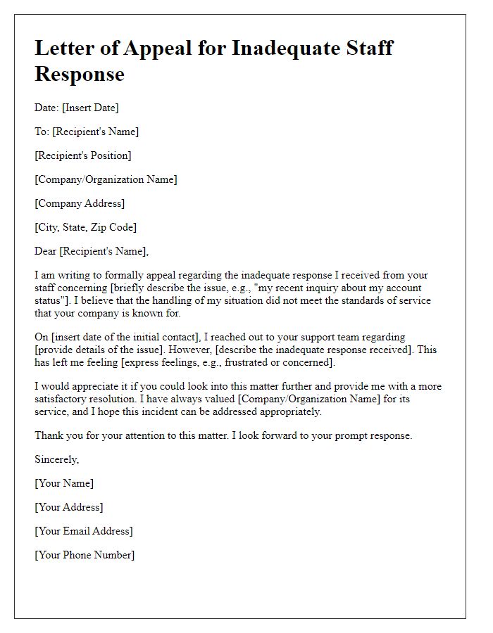 Letter template of appeal for inadequate staff response