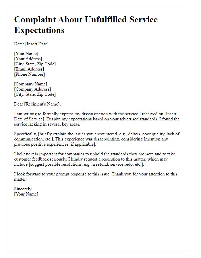 Letter template of complaint about unfulfilled service expectations