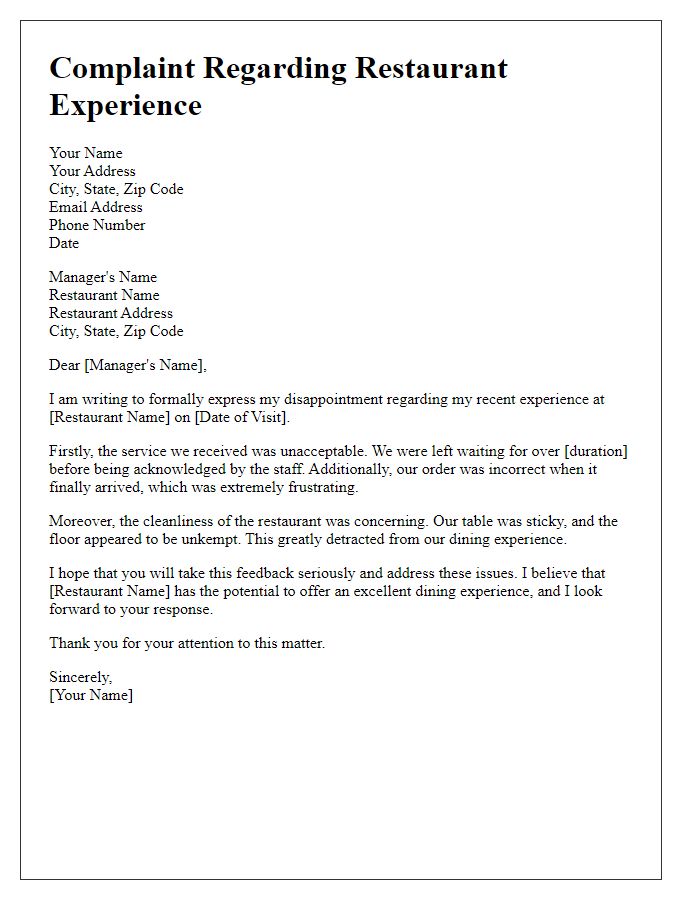 Letter template of complaint regarding restaurant experience