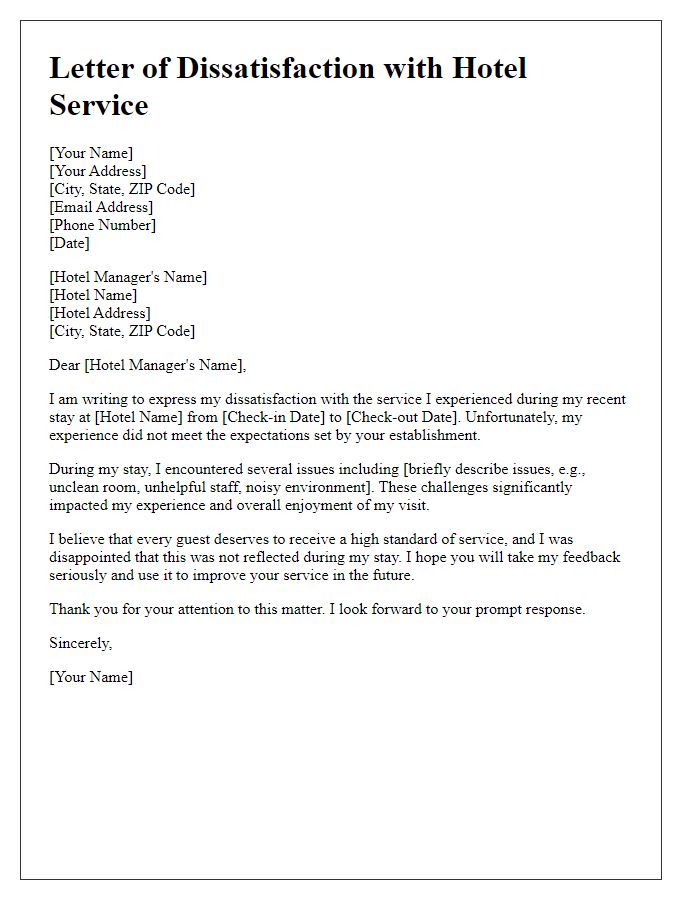 Letter template of dissatisfaction with hotel service