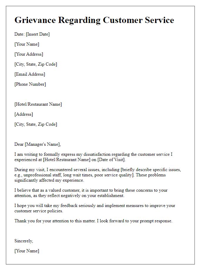 Letter template of grievance about customer service in hospitality