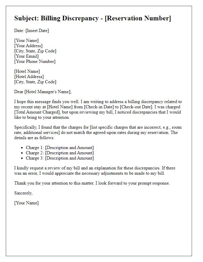 Letter template of issue with billing discrepancies in hospitality