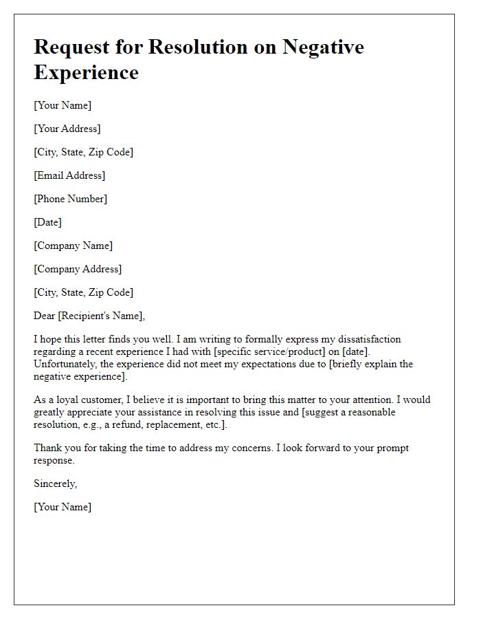 Letter template of request for resolution on negative experience