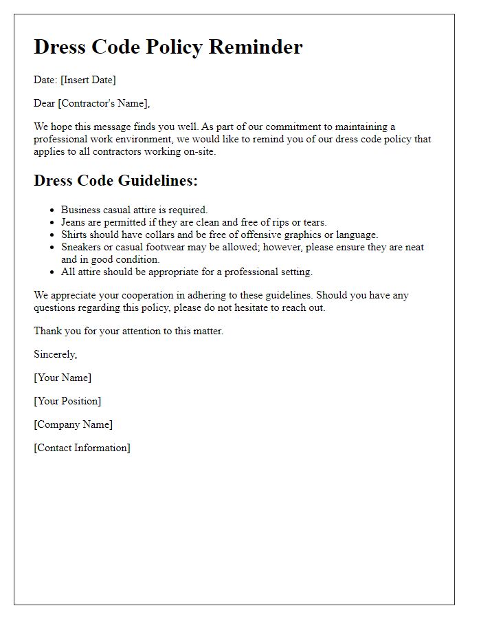 Letter template of dress code policy reminder for contractors