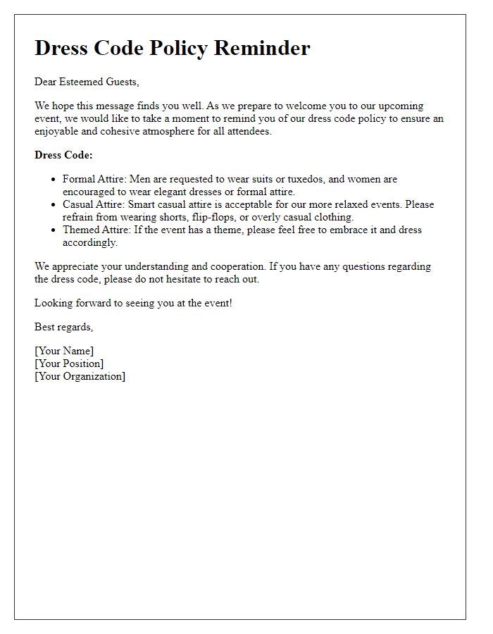 Letter template of dress code policy reminder for guests