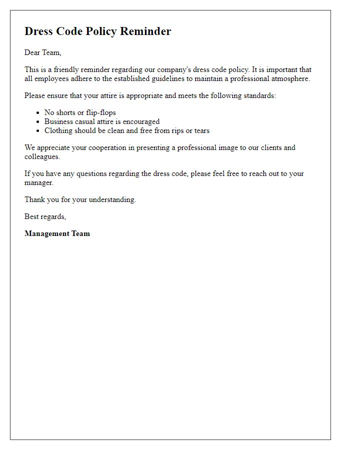 Letter template of dress code policy reminder for management