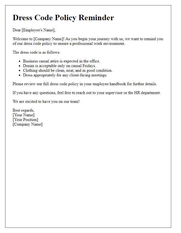 Letter template of dress code policy reminder for new hires