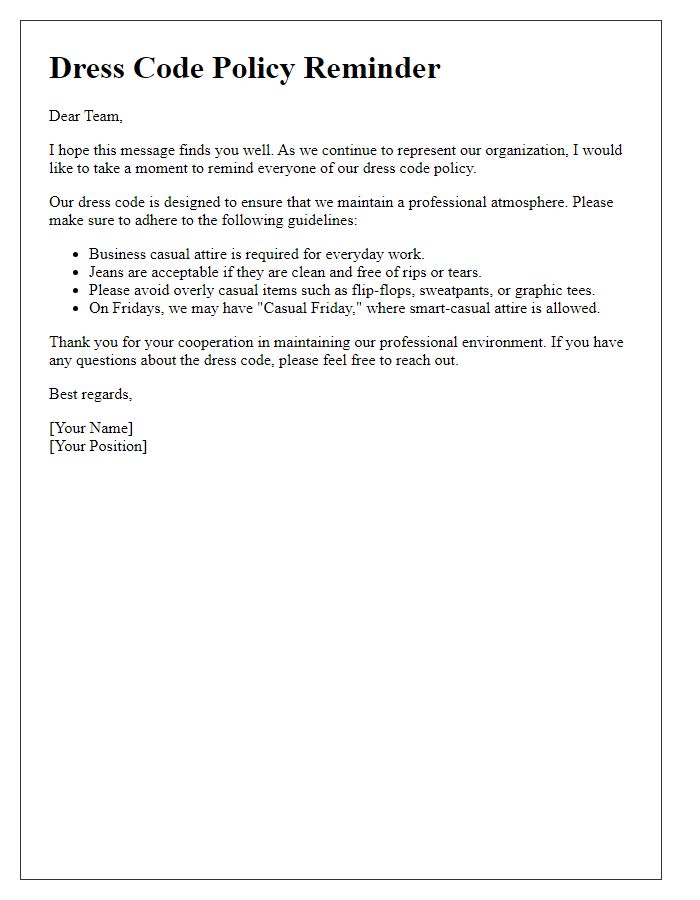 Letter template of dress code policy reminder for team members