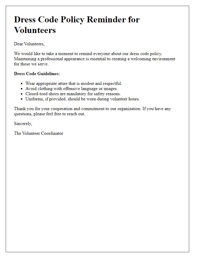 Letter template of dress code policy reminder for volunteers