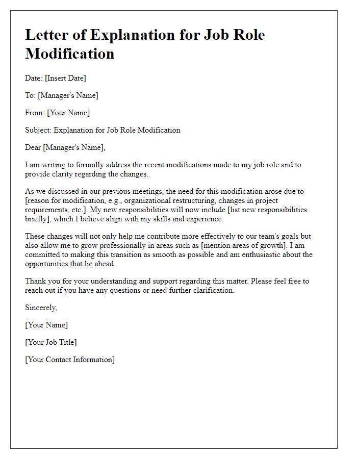 Letter template of explanation for job role modification