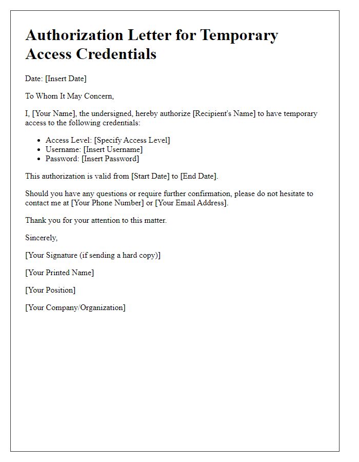 Letter template of authorization for temporary access credentials