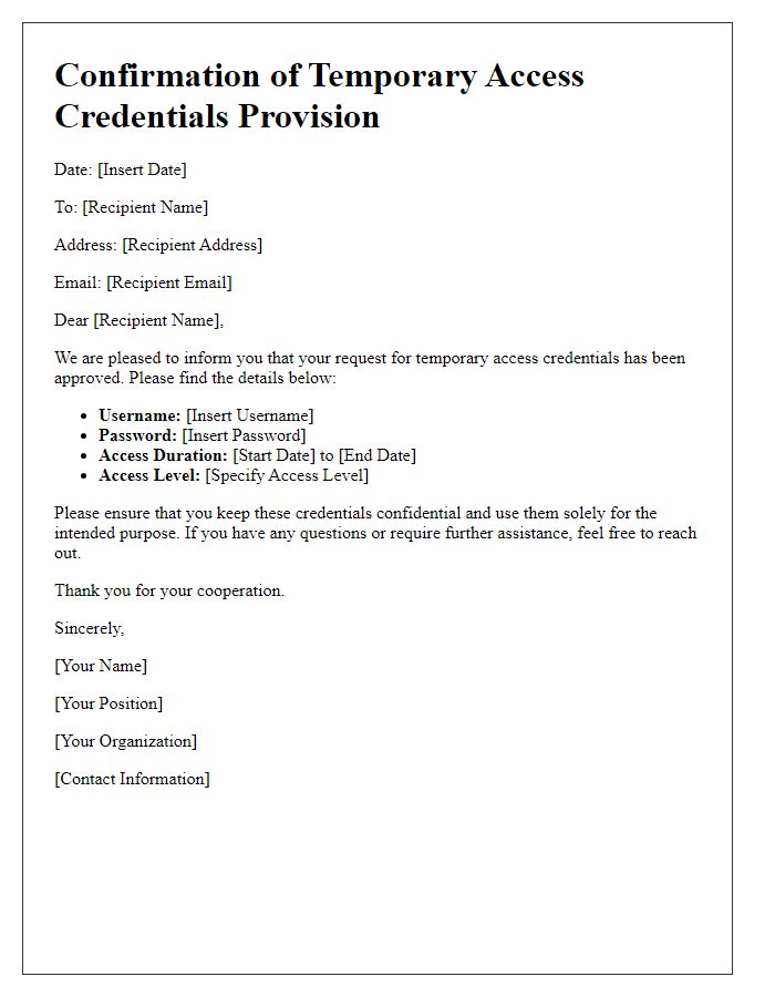 Letter template of confirmation for temporary access credentials provision