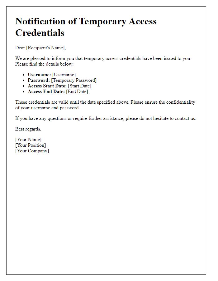 Letter template of notification for temporary access credentials issued