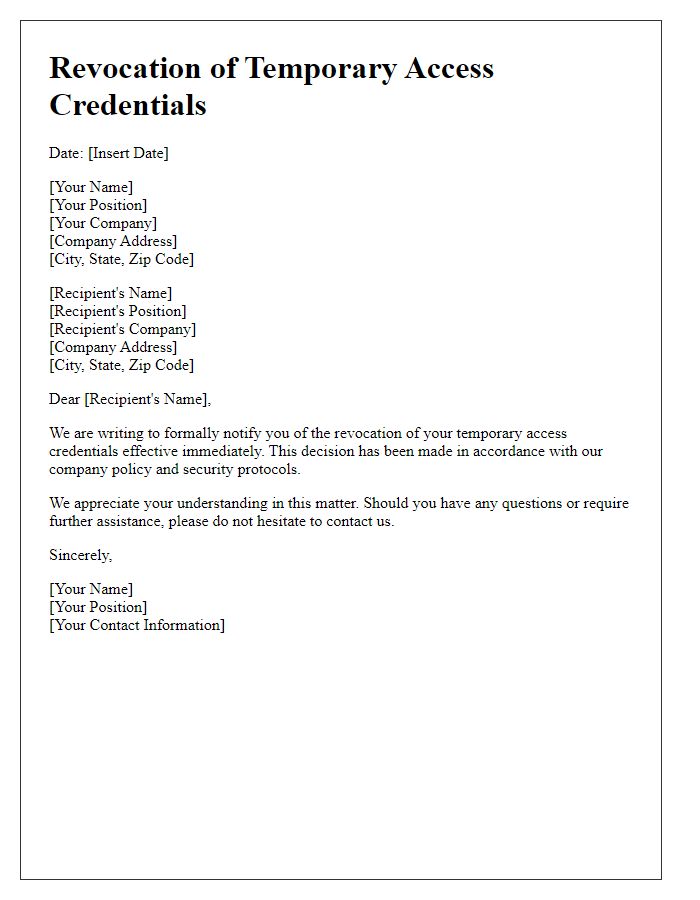 Letter template of revocation of temporary access credentials