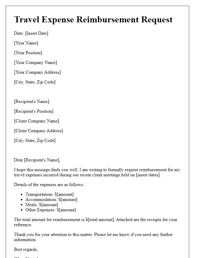 Letter template of travel expense reimbursement for client meetings