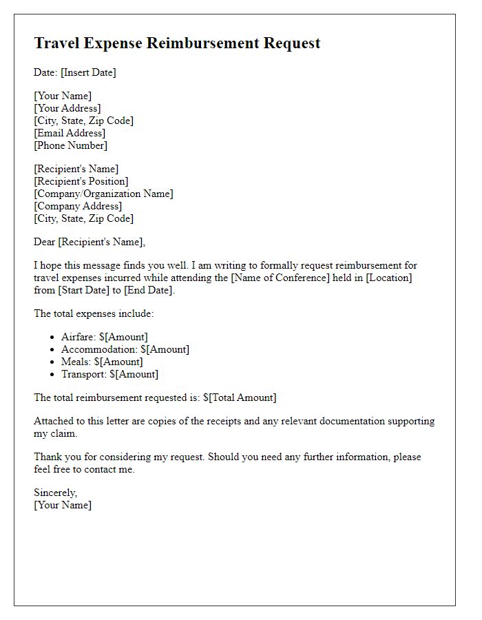 Letter template of travel expense reimbursement for conference attendance