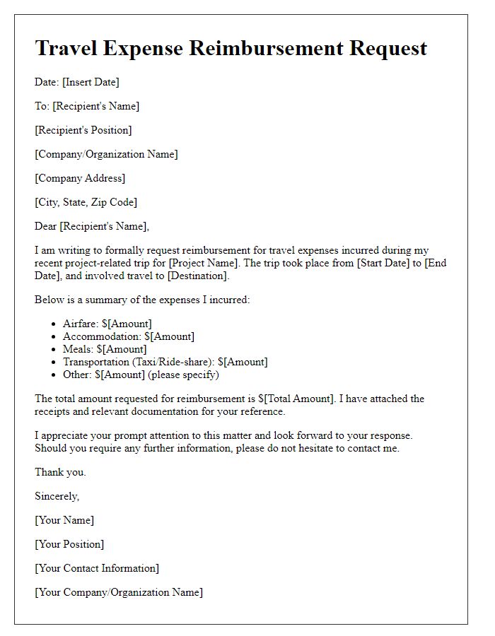 Letter template of travel expense reimbursement for project-related travel