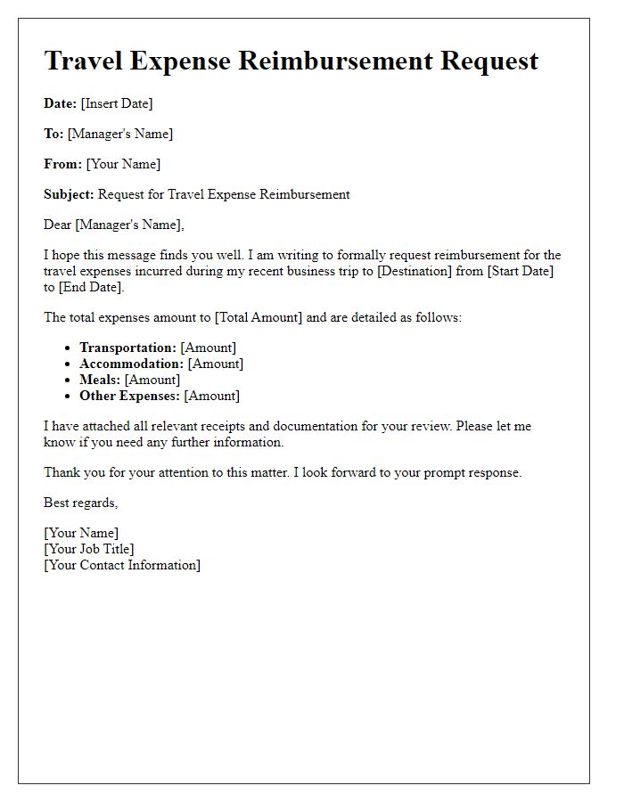 Letter template of travel expense reimbursement request for business trip