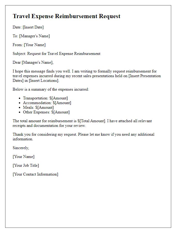 Letter template of travel expense reimbursement for sales presentations