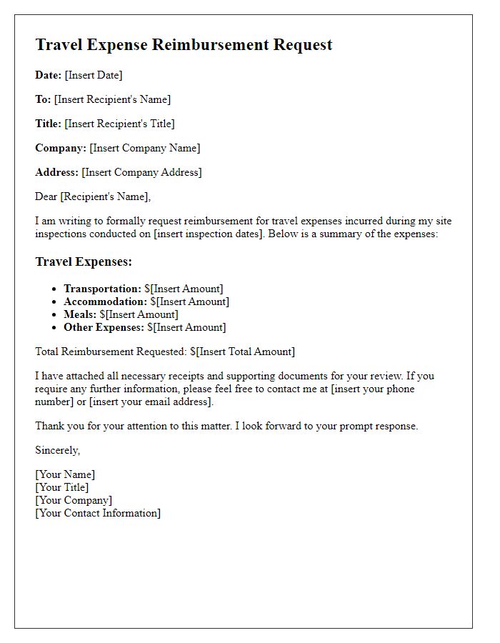 Letter template of travel expense reimbursement for site inspections