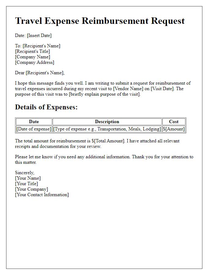 Letter template of travel expense reimbursement for vendor visits