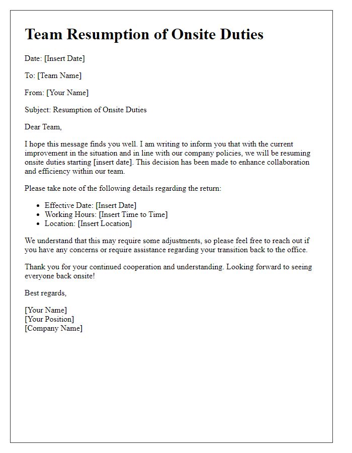 Letter template of Team Resumption of Onsite Duties