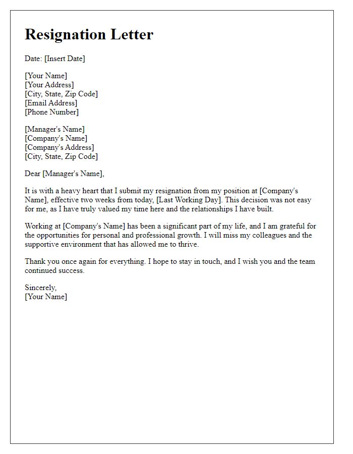 Letter template of resignation articulating a heavy heart