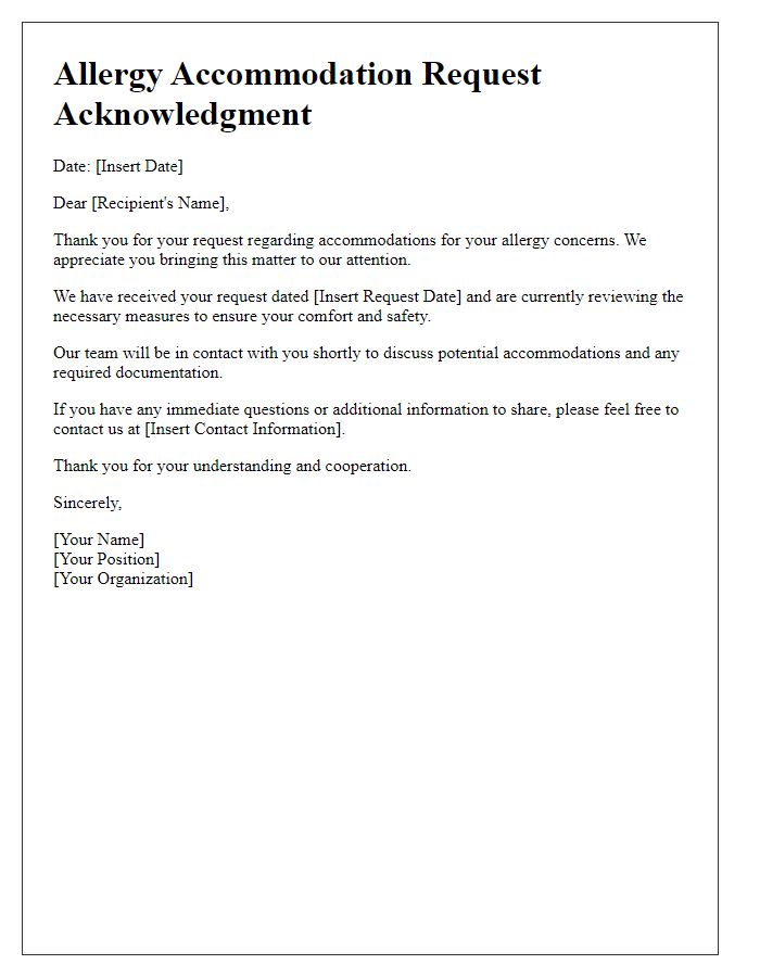 Letter template of allergy accommodation request acknowledgment.