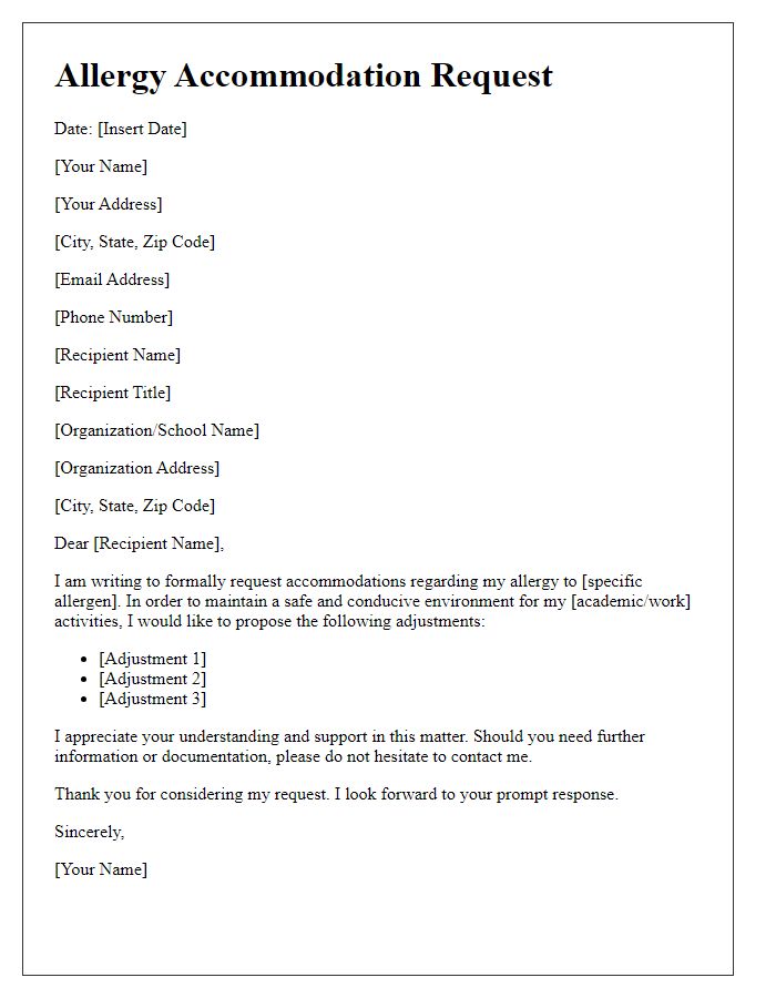 Letter template of allergy accommodation request adjustment.