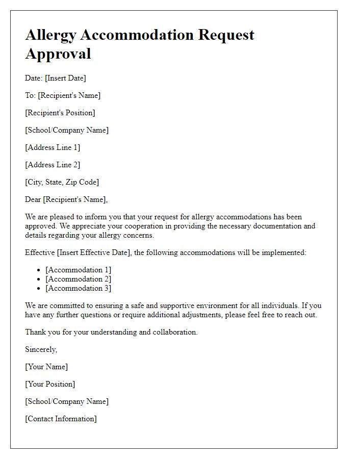 Letter template of allergy accommodation request approval.