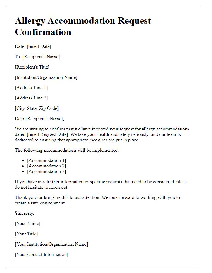 Letter template of allergy accommodation request confirmation.