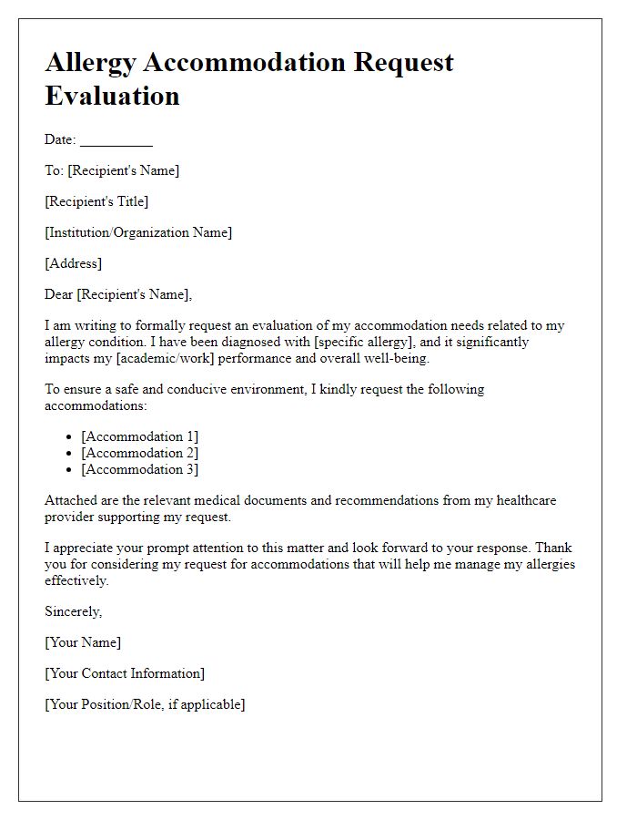 Letter template of allergy accommodation request evaluation.