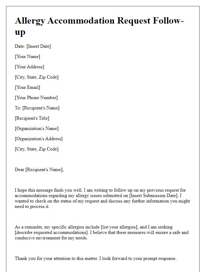 Letter template of allergy accommodation request follow-up.