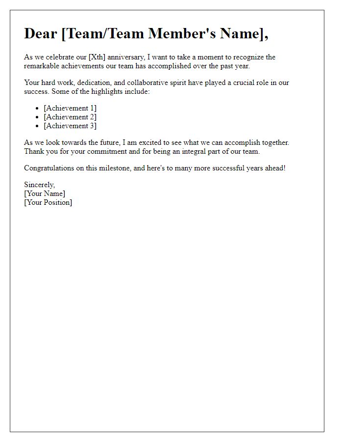 Letter template of recognition for team anniversary achievements