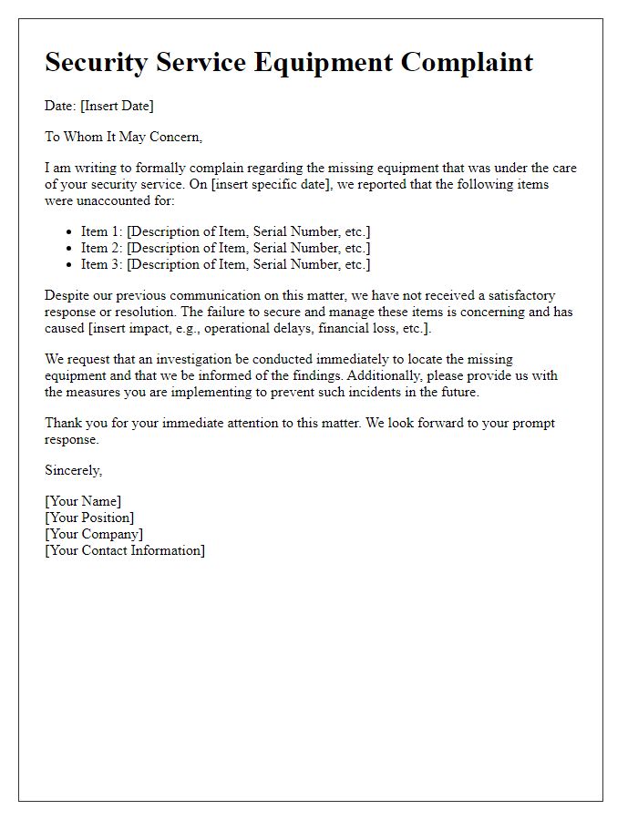 Letter template of security service complaint about missing equipment.