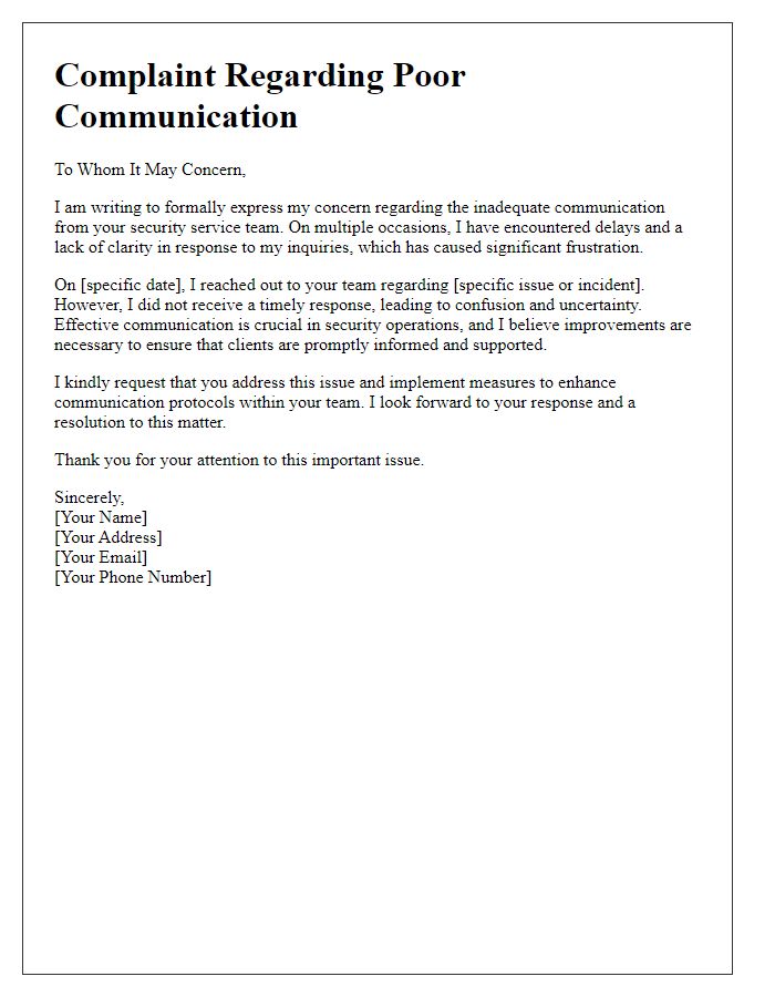 Letter template of security service complaint concerning poor communication.