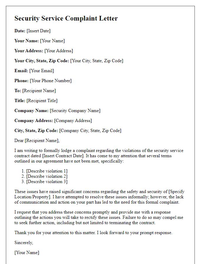 Letter template of security service complaint for contract violations.