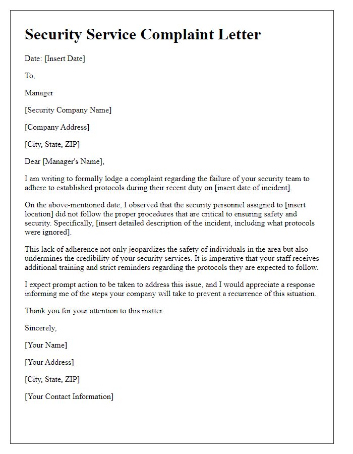 Letter template of security service complaint regarding failure to follow protocols.