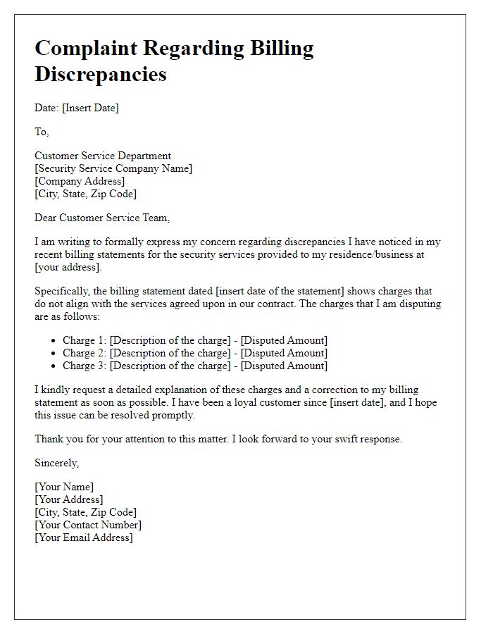 Letter template of security service complaint related to billing discrepancies.