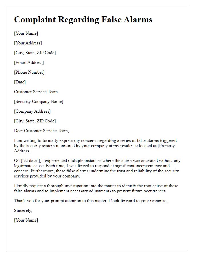 Letter template of security service complaint related to false alarms.