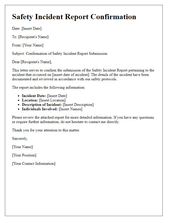 Letter template of safety incident report confirmation