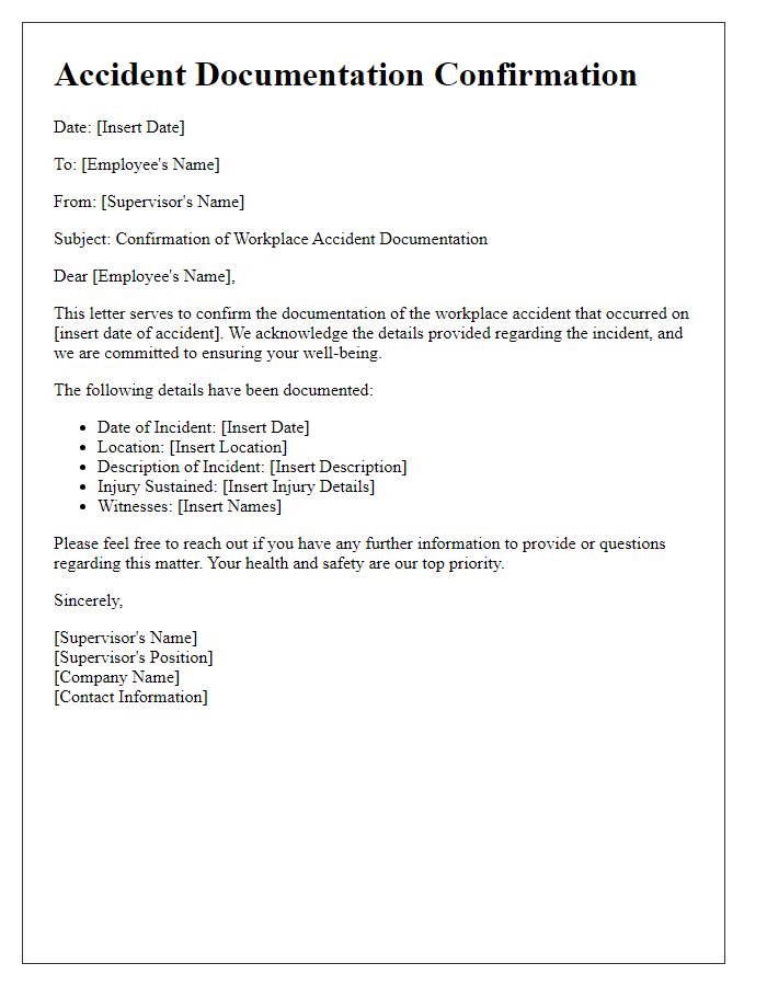 Letter template of workplace accident documentation confirmation