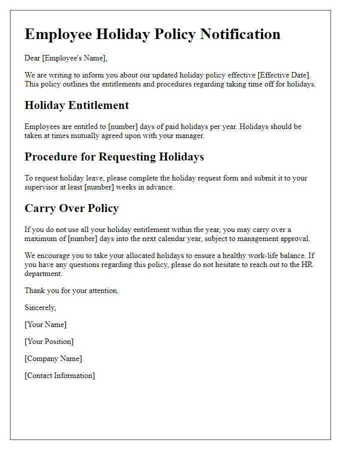 Letter template of employee holiday policy notification