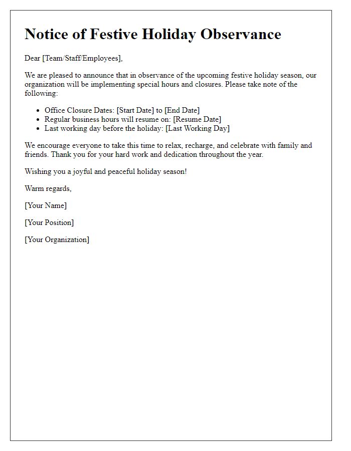 Letter template of festive holiday observance notice