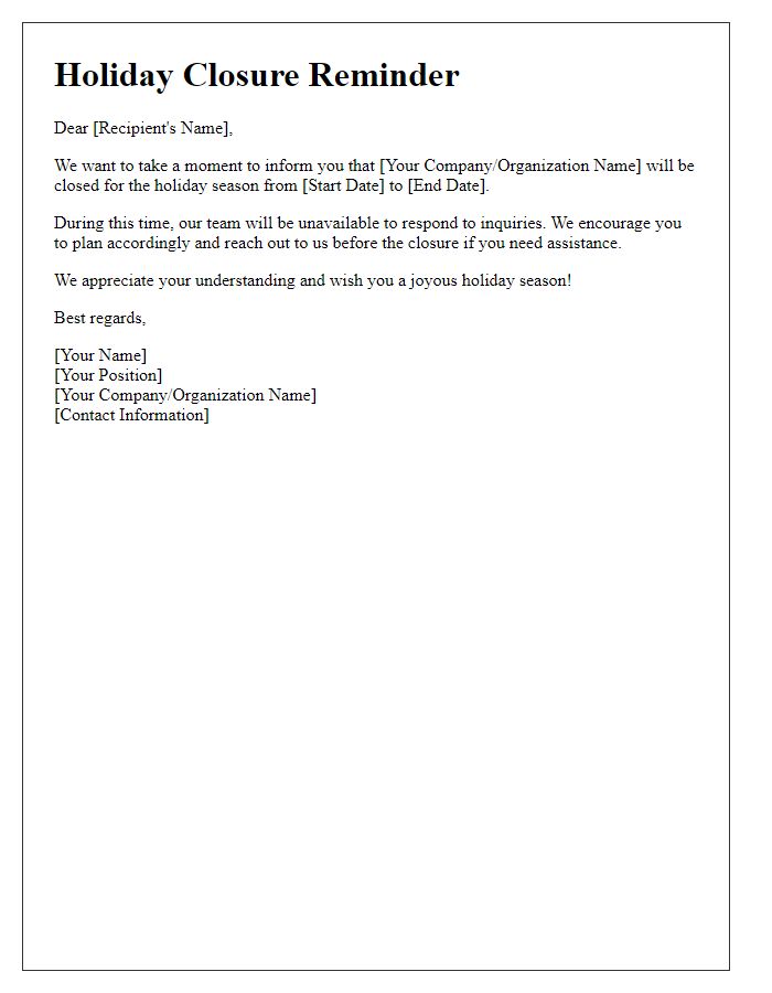 Letter template of holiday closure reminder