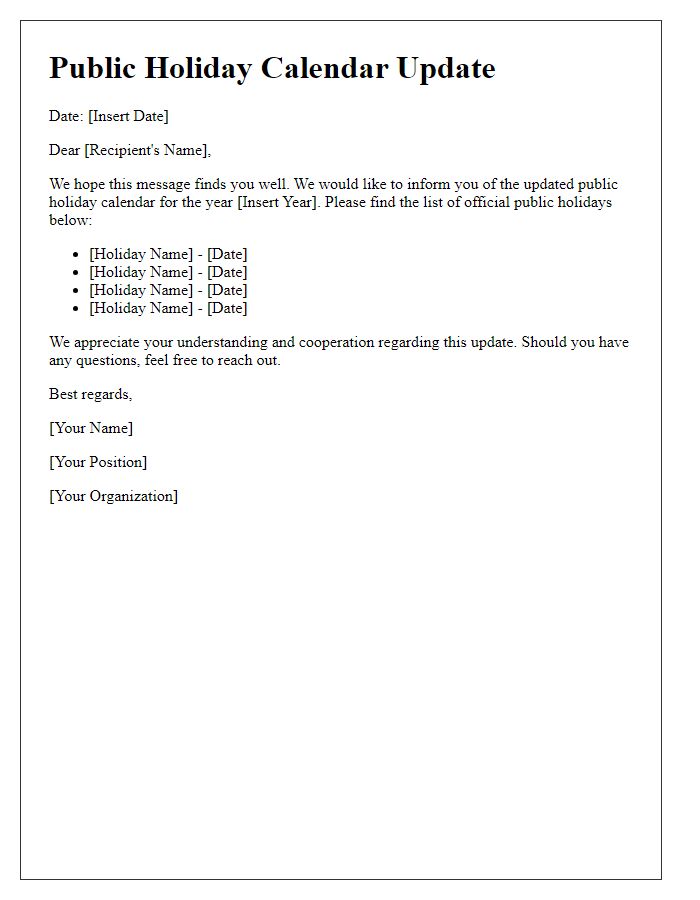 Letter template of public holiday calendar update