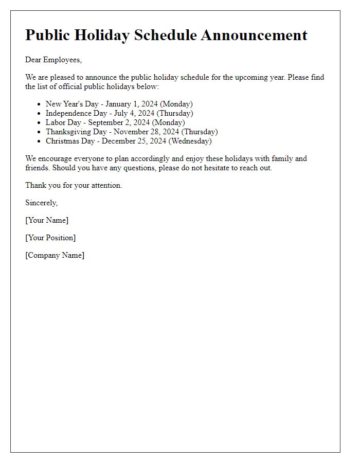 Letter template of public holiday schedule announcement